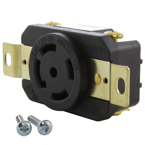 Locking Receptacle, L21-30R, 30 A, 120/208V AC, 4 Pole, Flush Mount, Black